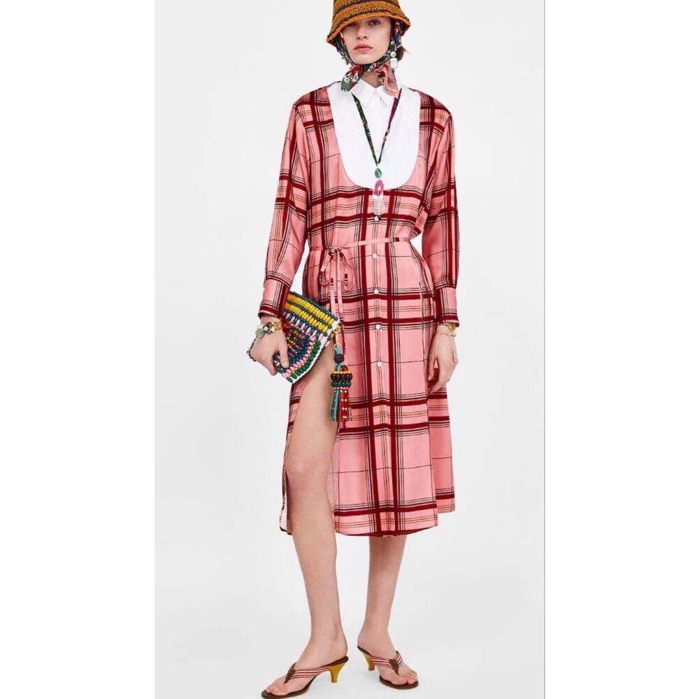 NWT ZARA Studio Collection Contrast Check Tunic Dress Pink Red Plaid Size L - Picture 3 of 14